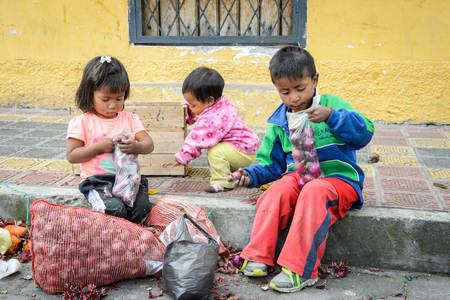 OTAVALO, ECUADOR - JAN 3, 2015: Unidentified Ecuadorian children with onion at the Otavalo Market. 71,9% of Ecuadorian people belong to the Mestizo ethnic groupのeditorial素材