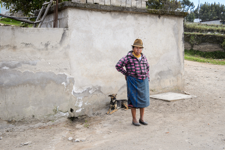 OTAVALO, ECUADOR - JAN 3, 2015: Unidentified Ecuadorian woman in a bowler hat. 71,9% of Ecuadorian people belong to the Mestizo ethnic groupのeditorial素材