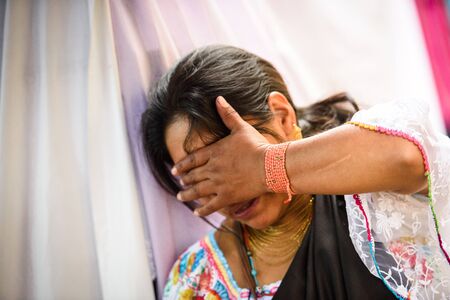 OTAVALO, ECUADOR - JAN 3, 2015: Unidentified Ecuadorian woman in traditional clothes at the Otavalo Market. 71,9% of Ecuadorian people belong to the Mestizo ethnic groupのeditorial素材