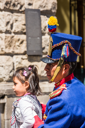 QUITO, ECUADOR - JAN 5, 2015: Unidentified Ecuadorian hussar during a parade in Quito 71,9% of Ecuadorian people belong to the Mestizo ethnic groupのeditorial素材