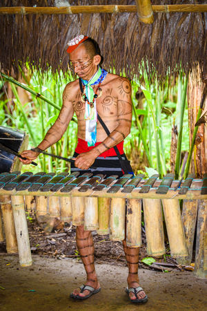 YASUNI, ECUADOR - JAN 4, 2015:  Unidentified Ecuadorian indian makes music. Indigenous indians  are protected by COICA (Coordinator of Indigenous Organizations of the Amazon River Basin)のeditorial素材