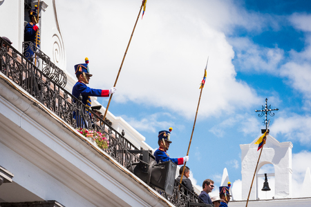 QUITO, ECUADOR - JAN 5, 2015: Unidentified Ecuadorian hussars during a parade in Quito 71,9% of Ecuadorian people belong to the Mestizo ethnic groupのeditorial素材