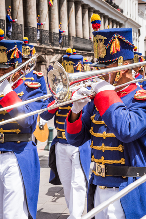 QUITO, ECUADOR - JAN 5, 2015: Unidentified Ecuadorian hussars march and make music during a parade in Quito 71,9% of Ecuadorian people belong to the Mestizo ethnic groupのeditorial素材