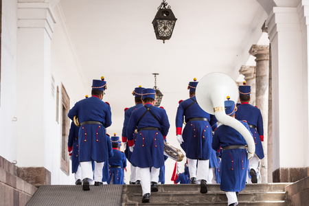 QUITO, ECUADOR - JAN 5, 2015: Unidentified Ecuadorian hussars march and make music during a parade in Quito 71,9% of Ecuadorian people belong to the Mestizo ethnic groupのeditorial素材