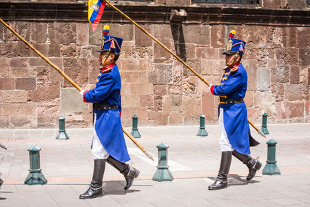 QUITO, ECUADOR - JAN 5, 2015: Unidentified Ecuadorian hussars march during a parade in Quito 71,9% of Ecuadorian people belong to the Mestizo ethnic groupのeditorial素材