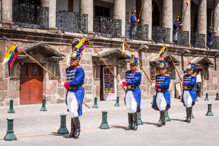 QUITO, ECUADOR - JAN 5, 2015: Unidentified Ecuadorian hussars march during a parade in Quito 71,9% of Ecuadorian people belong to the Mestizo ethnic groupのeditorial素材