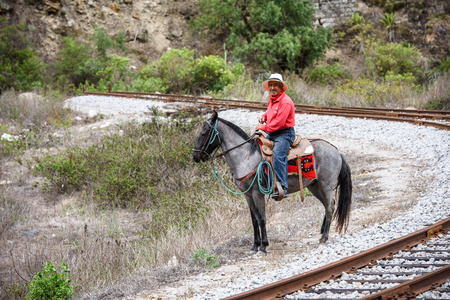 RIOBAMBA, ECUADOR - JAN 7, 2015: Unidentified Ecuadorian man on a beautiful horse near a rail road. 71,9% of Ecuadorian people belong to the Mestizo ethnic groupのeditorial素材