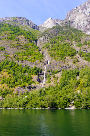 Water fall on the rock of the Sognefjord, Norwayの写真素材