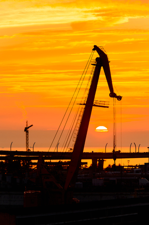 Construction cranes on the Sunset over the sea in Russiaの写真素材