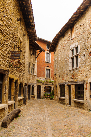Stone house of Perouges, France, a medieval walled town, a popular touristic attraction.のeditorial素材