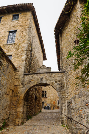 Close view of the authentic stone house of Perouges, France, a medieval walled town, a popular touristic attraction.の写真素材