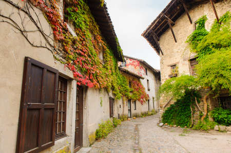 Architecture of Perouges, France, a medieval walled town, a popular touristic attraction.の写真素材