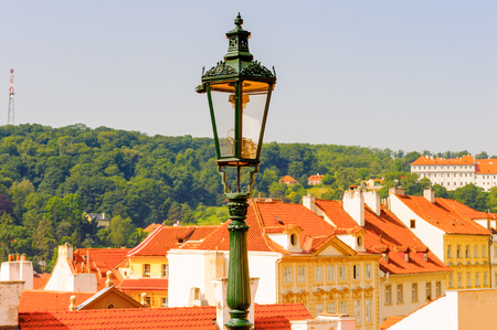 Lamp post in front of the houses in the czech Republicの写真素材