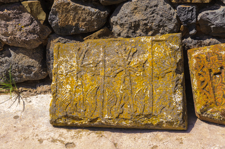 Stones near the Sevanavank (Sevan Monastery), a monastic complex located on a  shore of Lake Sevan in the Gegharkunik Province of Armeniaの写真素材