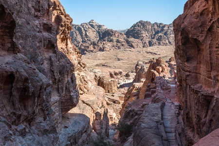 Beautiful red rock formations in Petra (Rose City), Jordan. Petra is one of the New Seven Wonders of the World. UNESCO World Heritageの写真素材
