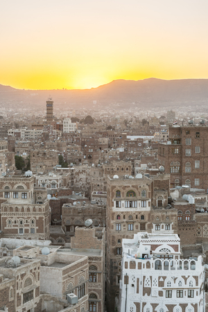 Architecture of the Old Town of Sana'a on the sun down, Yemen. UNESCO World heritageのeditorial素材
