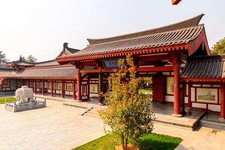One of the pavilions of the Giant Wild Goose Pagoda complex, a Buddhist pagoda Xi'an, Shaanxi province, China. It was built in 652 during the Tang dynasty. UNESCO world heritageの写真素材