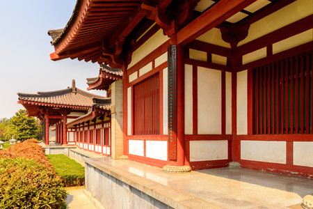 One of the pavilions of the Giant Wild Goose Pagoda complex, a Buddhist pagoda Xi'an, Shaanxi province, China. It was built in 652 during the Tang dynasty.の写真素材