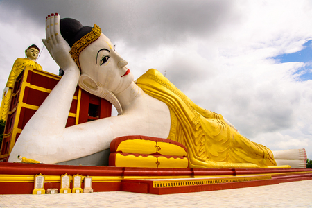 Giant Reclining Buddha at the Maha Bodhi Ta Htaung, a famous Buddhist region and monastery, Monywa Township, Sagaing Area, Myanmar (Burma)の写真素材