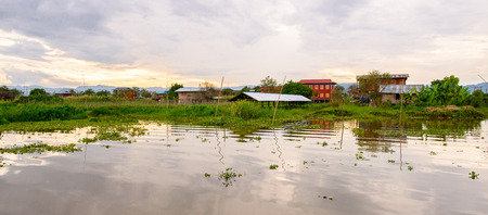Village over the Inle Sap,a freshwater lake located in the Nyaungshwe Township of Taunggyi District of Shan State, Myanmarの写真素材