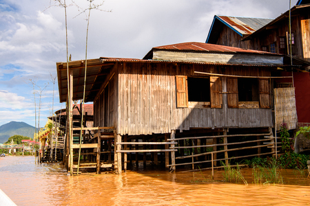 Beautiful view of the Inpawkhon village over the Inle Sap,a freshwater lake in the Nyaungshwe Township of Taunggyi District of Shan State, Myanmarの写真素材