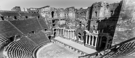Roman Theatre at Bosra, an ancient Roman theatre in Bosra, Syria. (in black and white)