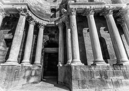 Columns of the Roman Theatre at Bosra (in black and white), Syria. It was built in the second quarter of the 2nd century CE.の写真素材