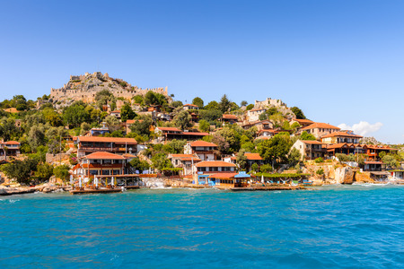 Kalekoy village (Simena)  with the Byzantine castle in the center, Turkeyのeditorial素材
