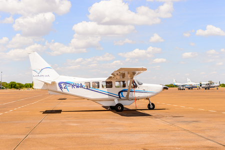 MAUN, BOTSWANA - JAN 11, 2016: Little plane at Airport of Maun, Botswana. Maun is the fifth largest town in Botswana and the gateway to Okavango Deltaのeditorial素材