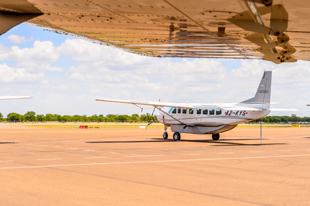 MAUN, BOTSWANA - JAN 11, 2016: Little plane at Airport of Maun, Botswana. Maun is the fifth largest town in Botswana and the gateway to Okavango Deltaのeditorial素材