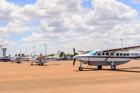 MAUN, BOTSWANA - JAN 11, 2016: Little plane at Airport of Maun, Botswana. Maun is the fifth largest town in Botswana and the gateway to Okavango Deltaのeditorial素材