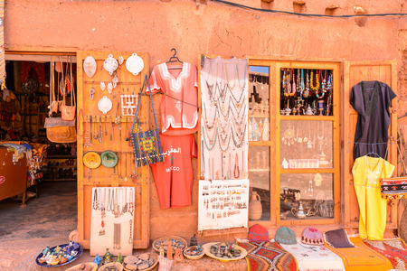 AIT BENHADDOU, MOROCCO - SEP 5, 2015: Market place in Ait Benhaddou, a fortified city, the former caravan way from Sahara to Marrakech. UNESCO World Heritage, Moroccoのeditorial素材