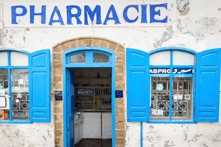 ESSOUIRA, MOROCCO - OCT 2, 2015: Pharmacy in Essouira, Morocco. The city was called Sidi Megdoulin in 11th-centuryのeditorial素材