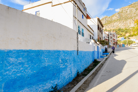 CHEFCHAOUEN, MOROCCO - SEP 10, 2015: Architecture of Chefchaouen. Chefchaouen is situated in the Rif Mountains, just inland from Tangier and Tetouanのeditorial素材