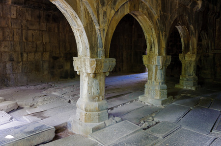SANAHIN, ARMENIA - JULY 17, 2014: Columns of the Sanahin Monastery, an Armenian monastery founded in the 10th century. It's a UNESCO World Heritageのeditorial素材