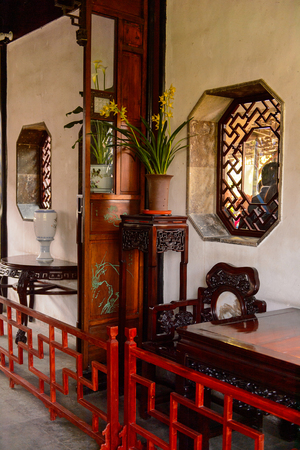 SUZHOU, CHINA - APR 1, 2016: Interior of a pavilion at the The Humble Administrator's Garden,  a Chinese garden in Suzhou, a UNESCO World Heritage Siteのeditorial素材