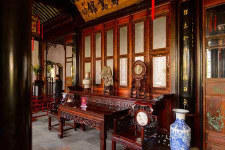 SUZHOU, CHINA - APR 1, 2016: Interior of a pavilion at the The Humble Administrator's Garden,  a Chinese garden in Suzhou, a UNESCO World Heritage Siteのeditorial素材