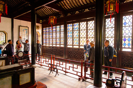 SUZHOU, CHINA - APR 1, 2016: Interior of a pavilion at the The Humble Administrator's Garden,  a Chinese garden in Suzhou, a UNESCO World Heritage Siteのeditorial素材