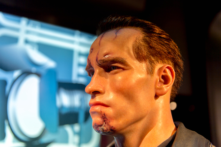 SHANGHAI, CHINA - APR 3, 2016: Arnold Schwarzenegger as the Terminator at the Shanghai Madame Tussauds wax museum. Marie Tussaud was born as Marie Grosholtz in 1761のeditorial素材