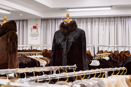 GREECE - APR 22, 2016: Fur coat shop at the factory of Papandopulos in Kastoria, Greece. Very populat brand of Greek made fir coatsのeditorial素材