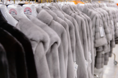 GREECE - APR 22, 2016: Fur coat shop at the factory of Papandopulos in Kastoria, Greece. Very populat brand of Greek made fir coatsのeditorial素材
