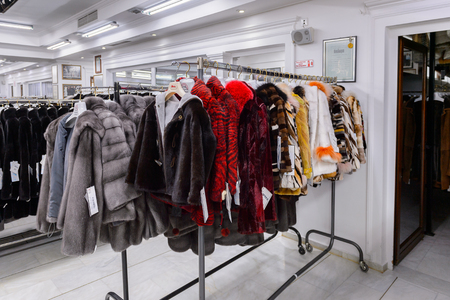 GREECE - APR 22, 2016: Fur coat shop at the factory of Papandopulos in Kastoria, Greece. Very populat brand of Greek made fir coatsのeditorial素材