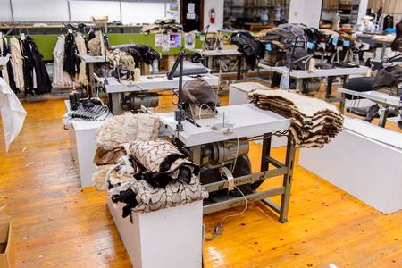 GREECE - APR 22, 2016: Fur coat making factory of Papandopulos in Kastoria, Greece. Very populat...