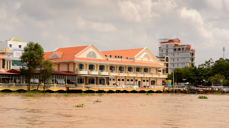 TIEN GIANG, VIETNAM - OCT 5, 2014: Mekong river in Southern Vietnam. Mekong is the 12th-longest river and flows trough China, Burma, Laos, Thailand, Cambodia, Vietnamのeditorial素材
