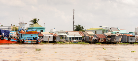 TIEN GIANG, VIETNAM - OCT 5, 2014: Mekong river in Southern Vietnam. Mekong is the 12th-longest river and flows trough China, Burma, Laos, Thailand, Cambodia, Vietnamのeditorial素材