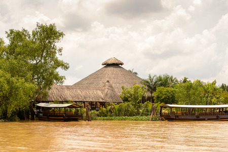 TIEN GIANG PROVINCE, VIETNAM - OCT 5, 2014: Nature of Mekong river in Southern Vietnam. Mekong is the 12th-longest river and flows trough China, Burma, Laos, Thailand, Cambodia, Vietnamのeditorial素材