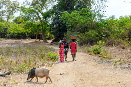 SOGA, GUINEA BISSAU - MAY 5, 2017: Unidentified local people walk along the street in a village of the Soga island. People in G.-Bissau still suffer of povertyのeditorial素材