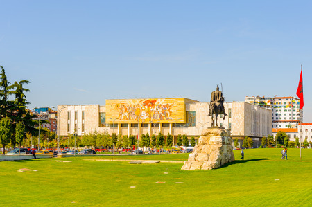 TIRANA, ALBANIA - SEPTEMBER 23, 2013: Skanderberg monument on the Skanderbeg Square, the main plaza named in 1968 after the Albanian national hero Skanderbeg, on September 23, 2013, Tirana, Albania,のeditorial素材