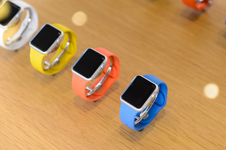 FLORENCE, ITALY - MAY 6, 2016: watch in the Apple store at the Piazza della Republica in Florence, Italy. Apple is the multinational technology company headquartered in Cupertino, California,のeditorial素材