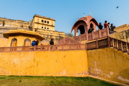 JAIPUR, INDIA - JAN 19, 2016: Walls of Amber Palace, a town near Jaipur, Rajasthan state, India. UNESCO World Heritage Site as part of the group Hill Forts of Rajasthan.のeditorial素材